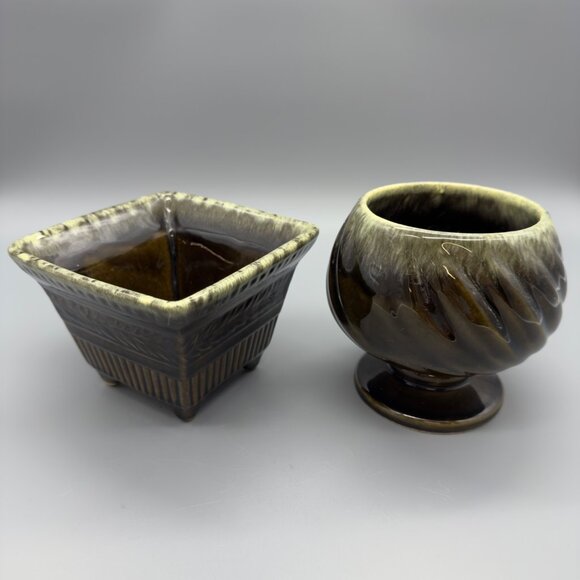 Vintage Hull Pottery USA Set of 2 Brown Green Drip Glaze Ceramic Planters MCM - Picture 3 of 16
